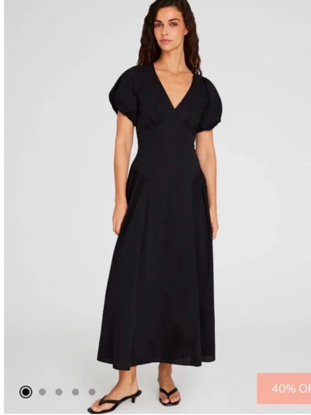 Club Monaco Pleated Puff Sleeve Maxi Dress Size 4 Black V-Neck Cotton